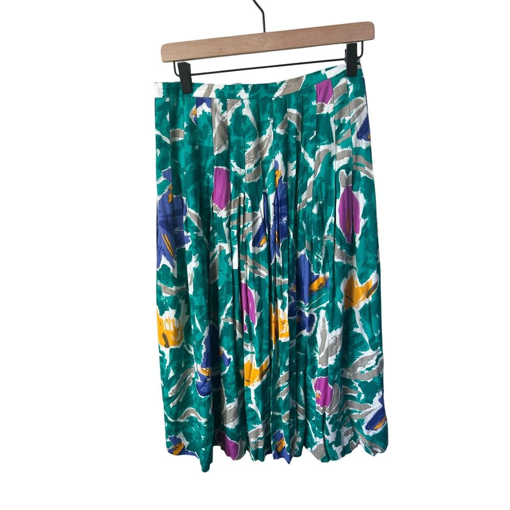 80s Vintage Colorful Abstract Print Rayon Pleated Midi Skirt Lee Winter Size 12